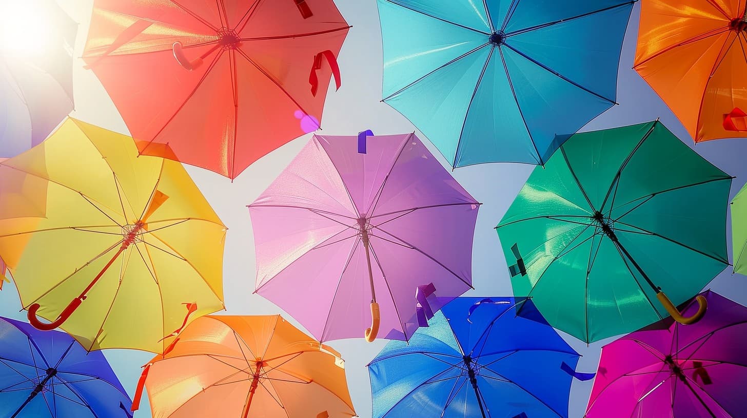 Colourful umbrellas suspended against a blue sky